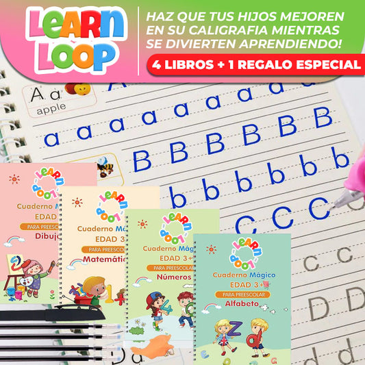 LearnLoop™ | Kit 4 cuadernos caligrafía para niños + Regalos Exclusivos